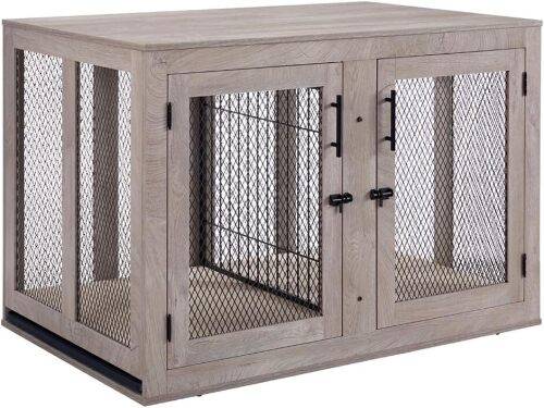unipaws 46.7" Extra Large Dog Crate Furniture with Divider for 2 Dogs, Wooden Dog Kennel for XLarge Breed, XL Wood Dog Cage, End Table Crate with Tray, for Dogs Up to 90 lbs - Lot 1230