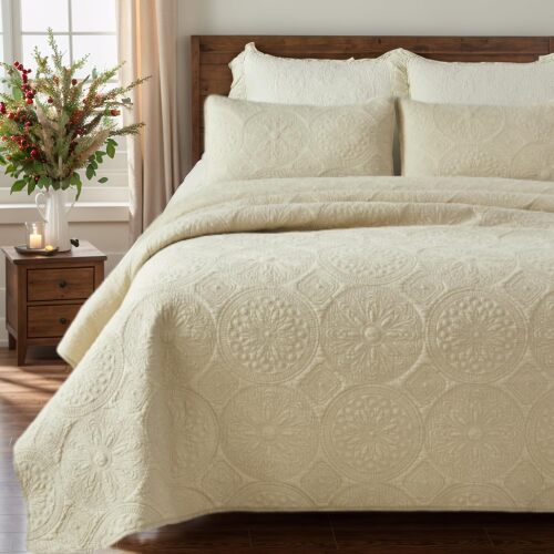 Brandream Luxury Quilt Bedding Set Queen Size Quilt Set Cotton Beige 3 Piece Medallion Matelasse Coverlet Set - Lot 1226