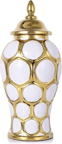 13.3" White and Gold Luxury Ceramic Ginger Jar Vase With Lid - Modern Decorative Vase for Home, Living Room, Kitchen, Dining Table, Cabinet, Bookshelf Decor and Storage - Lot 1231