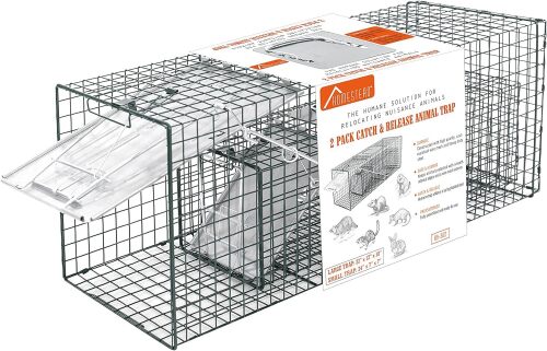Animal Trap, 2-Pack, 32''x10''x12'' & 24''x7''x7'' - Humane Catch & Release Cage Best for Raccoons, Opossums, Groundhogs, Skunks, Feral Cats - Heavy Duty Steel, 1-Door, Green Color - Lot 1236