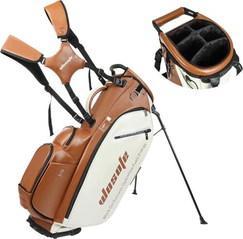 Golf Club Stand Bag PU Leather 6-Way Full Length Top Dividers 8 Pockets Cooler Pouch Adjustable Detachable Shoulder Dual Straps - Lot 165