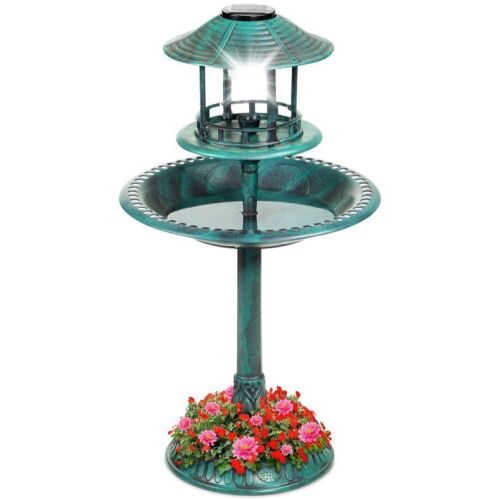 Solar Lighted Outdoor Pedestal Bird Bath w/ Planter, Decorative Bird Cage - Lot 754