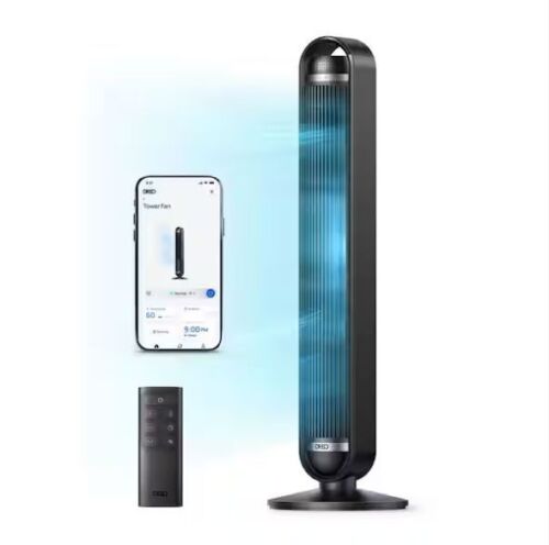 DREO 42 in. Smart Tower Fan, 9-Speeds, 12 H Timer, 90° Oscillation with Remote, DC Motor, Wi-Fi Voice Control in Black - Lot 430JF