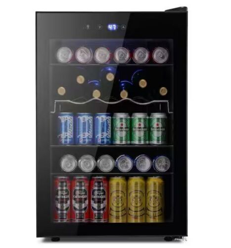 20.28 in. 37-Bottle 145-Can Single Zone Beverage and Wine Cooler Blue LED Lights in Black - Lot 8JF