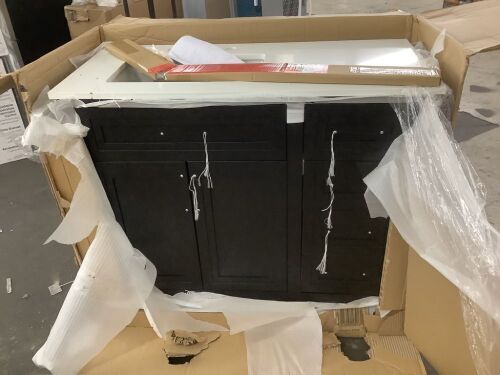 Home Decorators Collection Beaufort 42 in. Single Sink Black Bath Vanity with White Engineered Stone Top - Cracked Top & Broken Backsplash, Cabinet is New - Lot 78JF