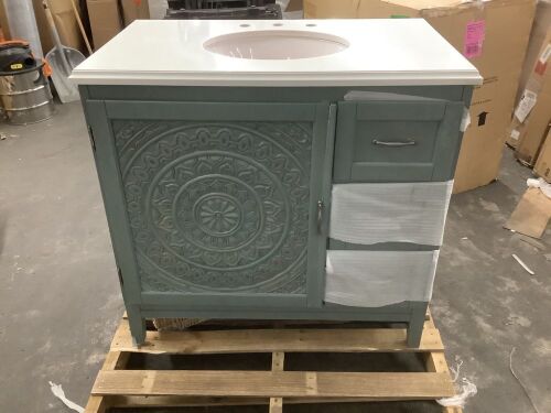 Home Decorators Collection Chennai 37 in. Single Sink Blue Wash Bath Vanity with White Engineered Stone Top - Lot 40JF