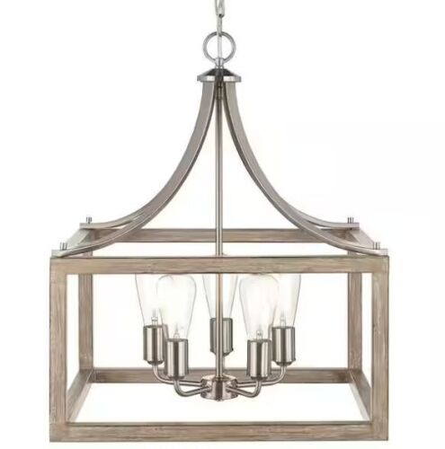 Hampton Bay Boswell Quarter 20 in. 5-Light Brushed Nickel Farmhouse Square Pendant Chandelier with Weathered Wood Accents - Lot 207JF