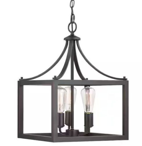 Hampton Bay Boswell Quarter 14 in. 3-Light Distressed Black Farmhouse Square Pendant Chandelier - Lot 517JF