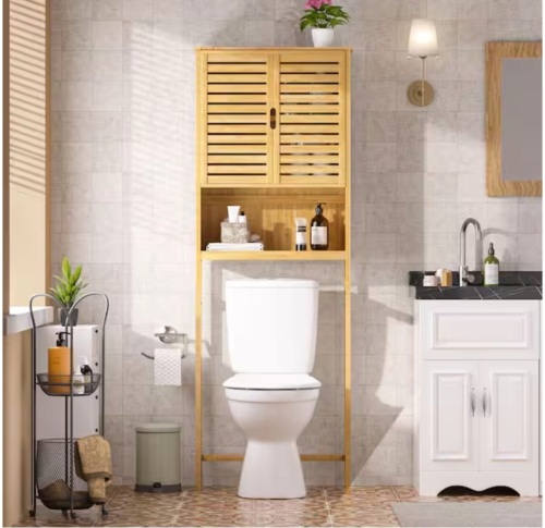 Veikous 24.4 in. W x 66.9 in. H x 9.5 in. D Yellow Bamboo Bathroom Over-the-Toilet Storage with Removable Shelf and Doors - Lot 548JF