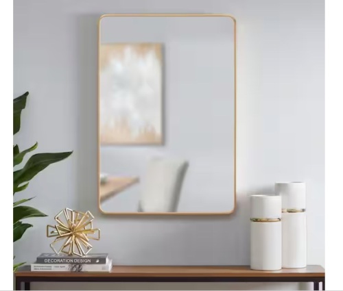 StyleWell Medium Modern Rectangular Gold Framed Mirror with Rounded Corners (22 in. W x 32 in. H) - Lot 348JF
