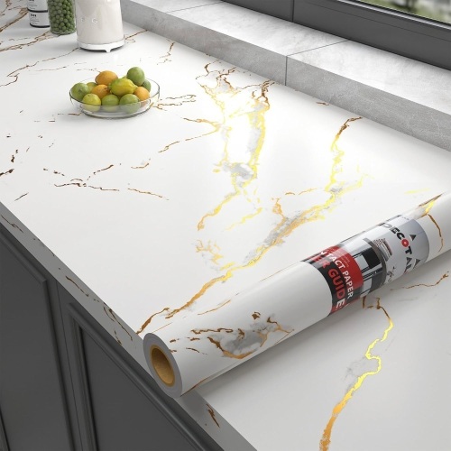 Decotalk 30" x 400" White Gold Marble Contact Paper - Lot 686