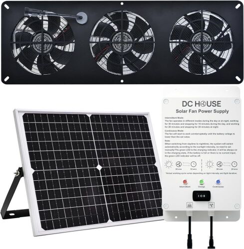 25W Solar Powered Exhaust Fan Kit with 12000mAh Lithium Battery, 2600RPM 10ft Cord IP67 Waterproof Black - Lot 480