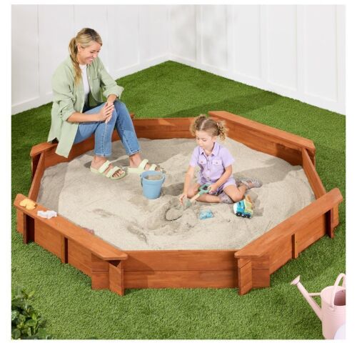 Kid's Wooden Octagonal Sandbox w/ Sand Cover, 4 Reinforced Benches, 8 Seats - Lot 112
