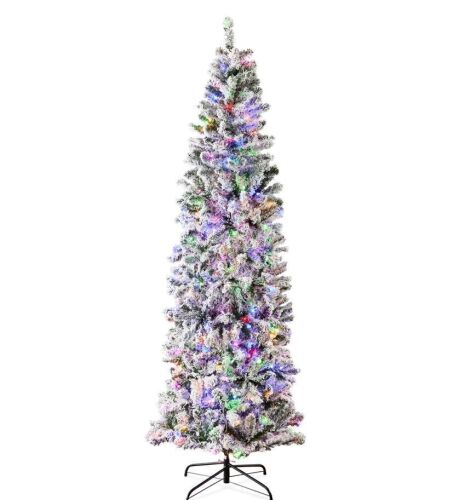 Pre-Lit Snow Flocked Artificial Pencil Christmas Tree w/ Multicolor Lights - Lot 134