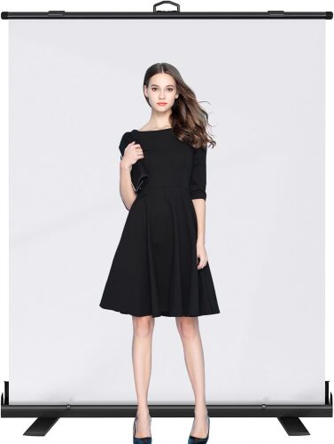 WASJOYE Retractable White Backdrop Screen - 79 x 59 in Professional Pull Up Panel Auto-Locking Wrinkle-Resistant Photography Background for Video Conference, Live Game, Photographic Studio, Streaming - Lot 621