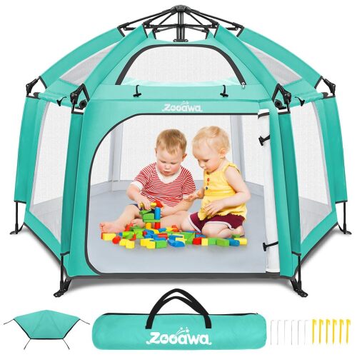 Zooawa Pop Up Playpen for Baby, Portable Play Yard for Babies and Toddlers with Removable Sun-Shades& 2 Side UV Covers, Lightweight Outdoor Baby Playpen with Travel Bag,Beach,Home - Lot 635