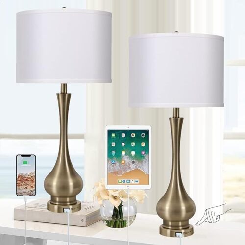 Touch Lamp for Bedrooms Set of 2, 3-Way Dimmable Nightstand Lamp Sets with Linen Fabric Shade, Bedside Lamp with USB Port & E26 Socket, Modern Tall Table Lamp for Bedroom, Living Room, Office - Lot 1207