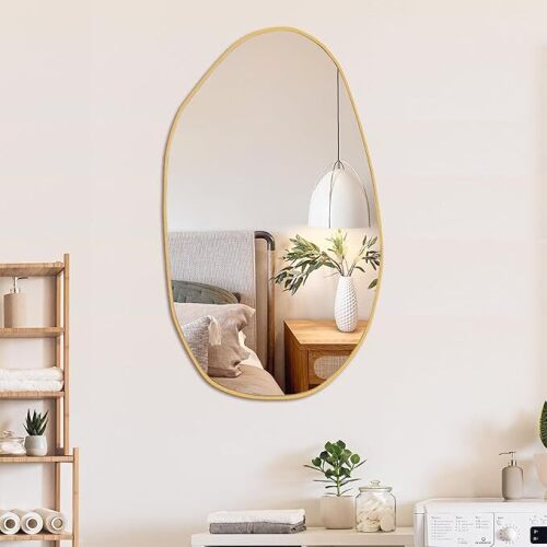 Irregular Wall Mirror Asymmetrical Mirror, Decorative Wall Mirror Golden Wood Framed, Wall Mounted Mirror for Bathroom Living Room Entryway Bedroom Hallway - Lot 1214