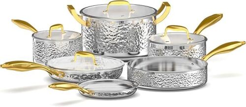 Hammered Stainless Steel Kitchen Cookware Sets 10-Piece, Professional Grade Cooking Sets - Lot 1234
