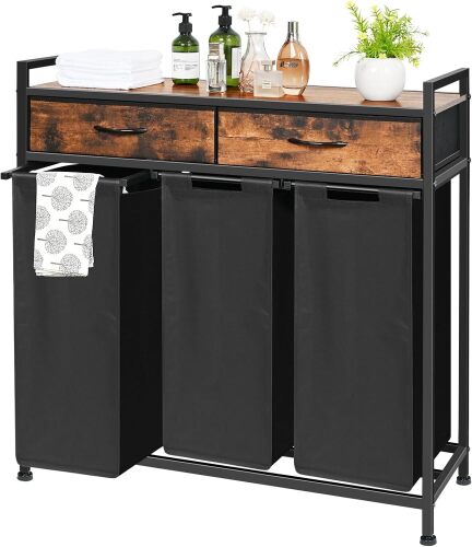 Laundry Sorter 3 Section, 180L Laundry Hamper Basket with Shelf and 2 Drawers, 3 Compartment Clothes Storage Organizer Cart, Pull-Out Removable Oxford Fabric Bags - Lot 1242