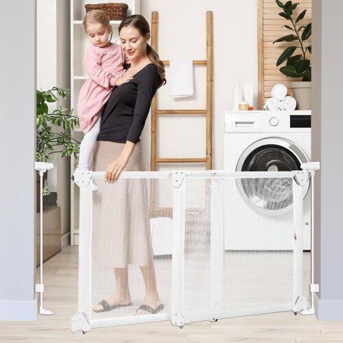 No Bottom Bar Baby Gate for Stairs, 34-55” Adjustable Baby Gate with Large Walk Thru Door, Mesh Dog Gate Indoor/Outdoor, Dual Openings Child Safety Gate for Doorways - Lot 1251