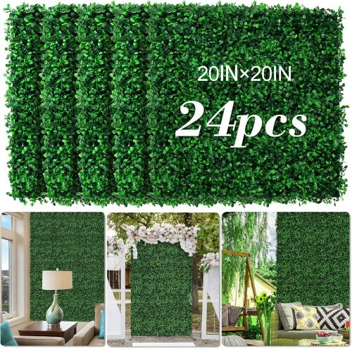 AOKIE 20"X20" Artificial Grass Wall, 24Pcs Boxwood Hedge Wall Panels UV-Anti Grass Backdrop Wall Decor, Greenery Privacy Hedge Screen for Indoor Outdoor Patio Balcony, Party Garden Fence Decor - Lot 1258