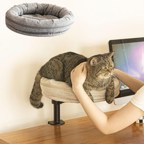 Cat Bed Desk with Pet Mat, Desk Cat Bed with Removable and Washable Seat Cushion *2, 360 Rotation & Adjustable Height Cats Up to 40 lbs - Lot 1261