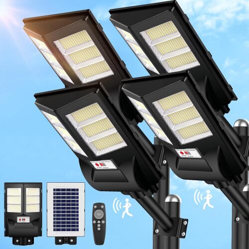 4 Pack Outdoor Waterproof 6500K 80000LM 756 LED Beads Dusk to Dawn Solar Flood Light with Motion Sensor and Remote Control for Parking Lot, Garage - Lot 1266