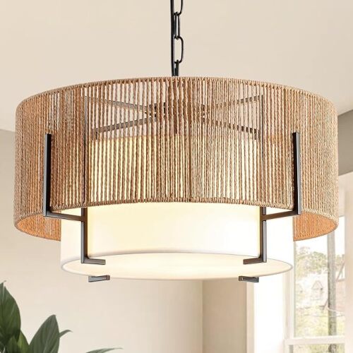 4-Light Rattan Chandelier, 19.7" Boho Pendant Light with Fabric Shade, Farmhouse Rattan Hanging Ceiling Light Fixture for Dining Room, Living Room, Kitchen Island, Bedroom, Hallway, Foyer - Lot 1268