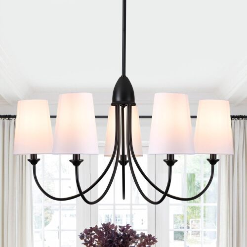 Black Chandelier,5-Light Vintage Farmhouse Chandeliers for Dining Room with White Fabric Shade,30" Modern Industral Chandelier Light Fixture for Bedroom Foyer Porch Living Room Kitchen entryway - Lot 1271