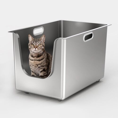 Stainless Steel Litter Box 13.7'' High Sides, XL Metal Cat Litter Box with Curved Low Entry, Cat Litter Pan for Big & Multiple Cats, Pet Toliet with Handy Wheels for Easy Moving - Lot 1286