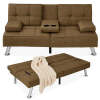 Linen Upholstered Convertible Sofa Bed Futon w/ 2 Cupholders - Thumbnail 1