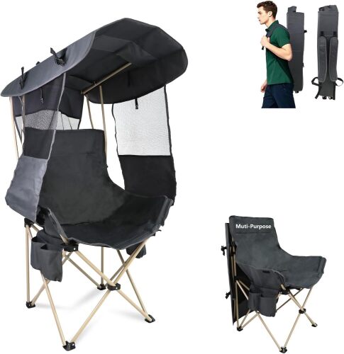 Folding Camping Chairs Canopy Outdoor: Sports Portable Beach Chair with Canopy-Lawn Beach Chairs with Umbrella for Adults-Camping Chair with Shade for Fishing Camp Heavy Duty - Lot 1357