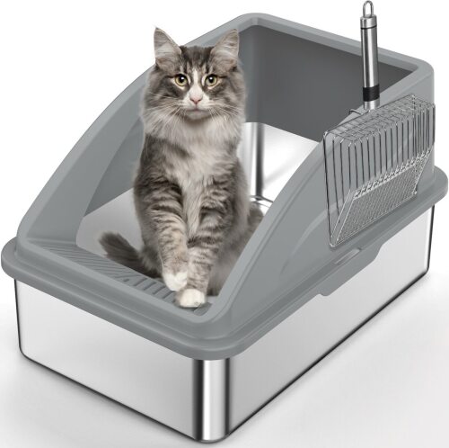 Invenho Stainless Steel High Sided, Non-Sticky Cat Litter Box with Lid, X-Large: 22.95-in, Dark Gray - Lot 1400