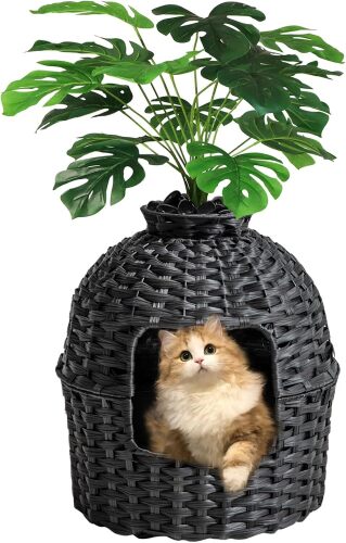 Cat Litter Box Plant Furniture Enclosure, Hidden Handwoven Rattan with Cat Litter Box and Artificial Plants, Odor Control Filter, Real Stones in Living Room, Bedroom, Corner (Black) - Lot 1414