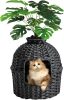 Cat Litter Box Plant Furniture Enclosure, Hidden Handwoven Rattan with Cat Litter Box and Artificial Plants, Odor Control Filter, Real Stones in Living Room, Bedroom, Corner (Black) - Thumbnail 1