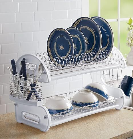 Montgomery Ward Retro 2-Tier Dish Rack, Space-Saving Design, Durable Plastic and Chrome-Plated Wire, Easy Assembly - Lot 1444