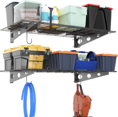 Ultrawall Garage Wall Shelves, 2 x 4 ft Wall Mounted Storage Shelves, Heavy Duty Wall Shelving with Hooks, Holds Up to 220 Lbs, 2Pack, Black - Lot 1464