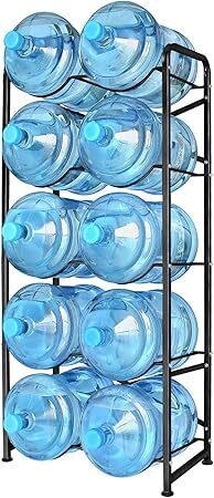 5 Gallon Water Bottle Holder for 10 Bottles, 5 Tiers Heavy-Duty Water Cooler Jug Rack with Reinforcement Frame for Kitchen Office, Black - Lot 1469
