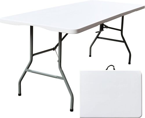 Foldable Table, Plastic 6FT Folding Table, Indoor Outdoor Portable Utility Table with Handle for Party, Camping and Picnic, White - Lot 1484