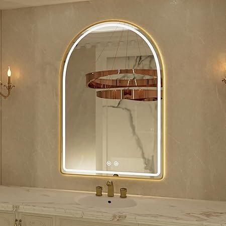 24"x36" Arched LED Bathroom Mirror, Gold Framed LED Bathroom Mirrors with Front Light and Backlit, Anti-Fog, Dimmable, 3 Colors, Memory Function, Arch Smart Vanity Mirror - Lot 1494