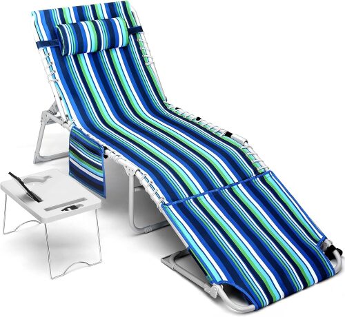 3-in-1 Beach Chair Face Holes, Lounge Chair Outdoor with Folding Side Table, 5-Position Recliner, Lay Flat, Removable Pillow, Heavy Duty, Max 330lbs, Poolside, Patio, Camping, Backyard Striped Blue - Lot 1515