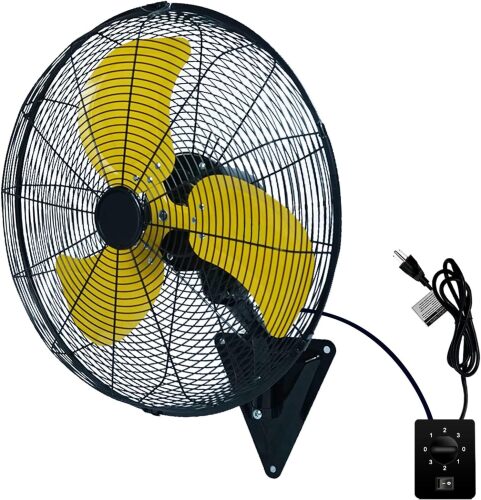 AZOUTDOOR Wall Mount Fan, 20In Oscillating Wall Fan with 7000CFM, 3-Speed, Upgrade Motor High Velocity Industrial Fans for Commercial, Garage, Residential and Patio Use, Yellow - Lot 1570
