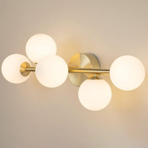 Bathroom Vanity Lights, 5-Light Bathroom Light Fixtures, Mid Century Modern Gold Bathroom Light Ceiling Light, Dimmable LED Wall Sconces Semi-Flush Mount Light Fixture with Milk Glass, Gold Brushed - Lot 1556