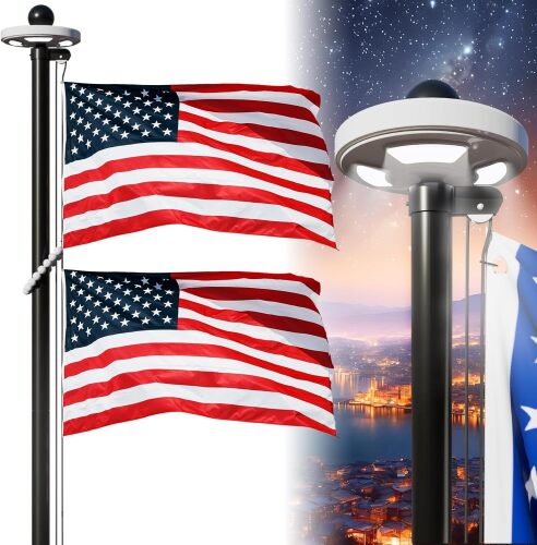 20FT Flag Pole with Solar Light 11 Gauge Aluminum Heavy Duty Flag Pole Kit 100MPH Wind Tested, Includes 2PCS 3x5 Embroidered Stars US Flag for Outdoor Use - Lot 1561