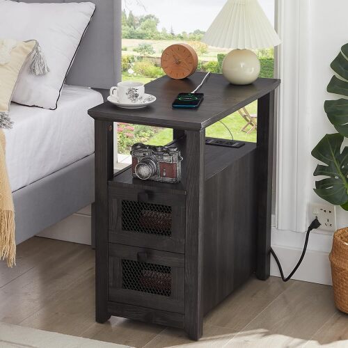 Farmhouse XXL End Table with Charging Station, Narrow Side Table with USB Ports and Outlets, Nightstand with 2 Drawers Storage, Grey Bedside Tables for Living Room, Bedroom - Lot 1576