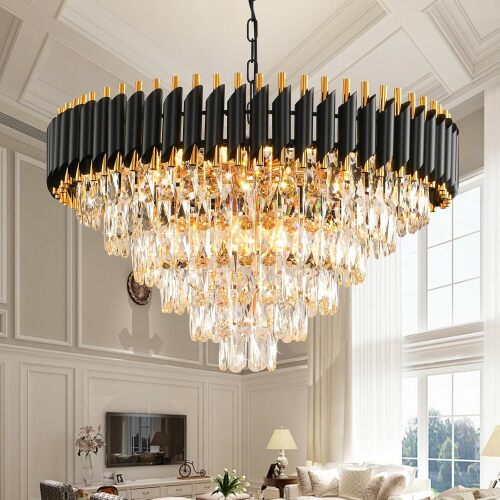 Modern Crystal Chandeliers for Dining Room Living Room 15-Light Black and Gold Chandelier Round 6 Tiers Large Contemporary Pendant Ceiling Hanging Light Fixture for Entryway - Lot 1504