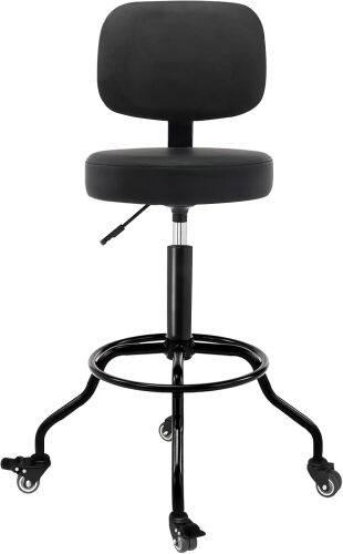 Heavy Duty Shop Stool with Ergonomic Backrest - Lockable Rubber Wheels & Adjustable Height, 360° Swivel, High Footrest for Garage Workshop Workbench, 350lbs Capacity (Black, 26"-31"') - Lot 1589