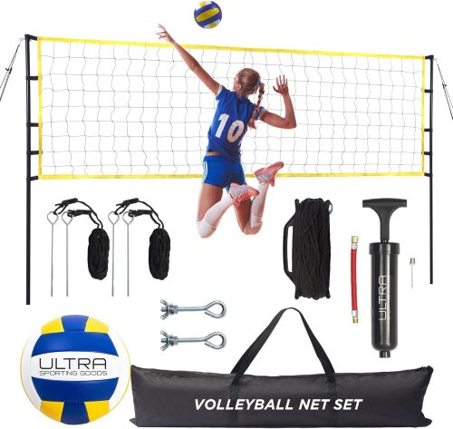 Volleyball Net for Backyard, Includes 32x3 Ft Beach Volleyball Net with Poles, 8.5-Inch PU Volley Ball, Bag & Pump, Portable Net for Outdoor or Home Use, Complete Set - Lot 1665
