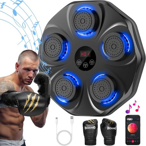 Music Boxing Machine, Interactive Punching Trainer with Boxing Gloves, Large Size Wall Mounted Electronic Boxing Target for Adults Kids, 9 Modes & 9 Speeds - Lot 1675